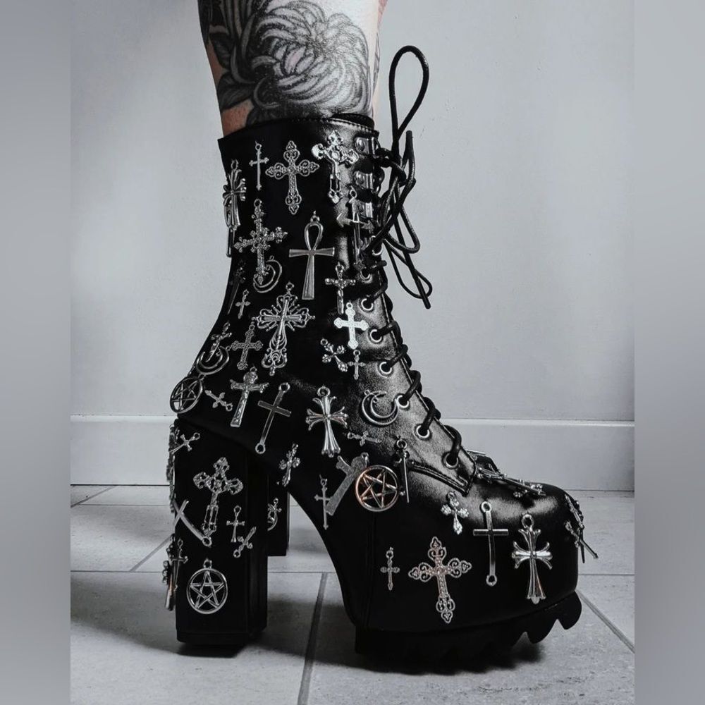 women's dolls kill platform boots black silver cross lace up heel 5